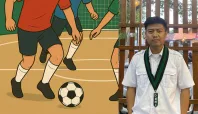 Ilustrasi Futsal Pelajar dan Foto Ketua HmI Komisariat Pancasila Ilman Nafia Media Berjaringan Indonesia Timur