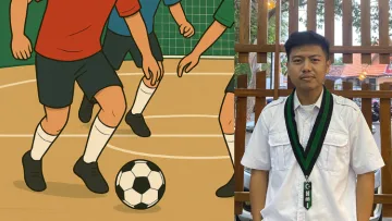 Ilustrasi Futsal Pelajar dan Foto Ketua HmI Komisariat Pancasila Ilman Nafia Media Berjaringan Indonesia Timur
